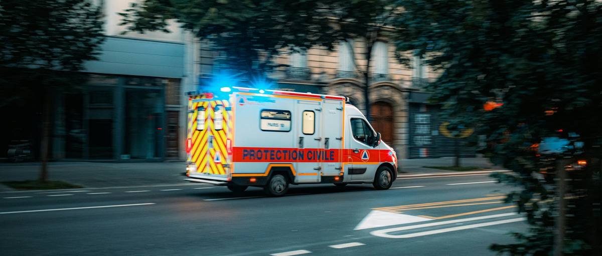 an ambulance is driving down the street at night